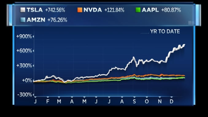 Tesla led tech stocks in 2020